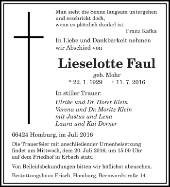 Todesanzeige von Lieselotte Faul von saarbruecker_zeitung