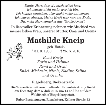 Todesanzeige von Mathilde Kneip von saarbruecker_zeitung