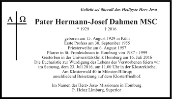 Todesanzeige von Hermann-Josef Dahmen von saarbruecker_zeitung