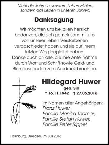 Todesanzeige von Hildegard Huwer von saarbruecker_zeitung