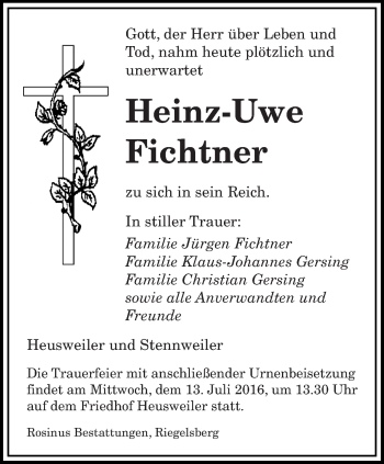Todesanzeige von Heinz-Uwe Fichtner von saarbruecker_zeitung