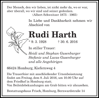 Todesanzeige von Rudi Harth von saarbruecker_zeitung