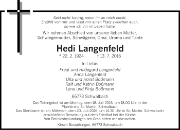 Todesanzeige von Hedi Langenfeld von saarbruecker_zeitung
