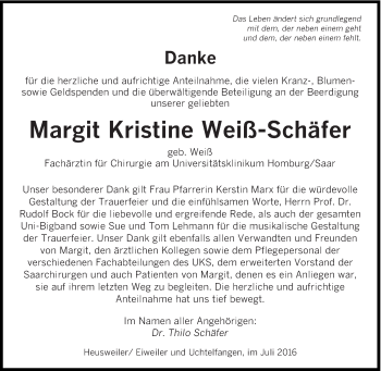 Todesanzeige von Margit Kristine Weiß-Schäfer von saarbruecker_zeitung