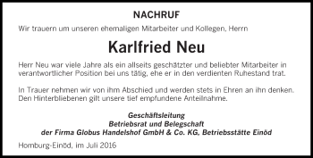 Todesanzeige von Karlfried Neu von saarbruecker_zeitung