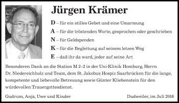 Todesanzeige von Jürgen Krämer von saarbruecker_zeitung