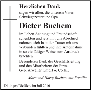 Todesanzeige von Dieter Buchem von saarbruecker_zeitung