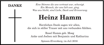 Todesanzeige von Heinz Hamm von saarbruecker_zeitung