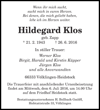 Todesanzeige von Hildegard Klos von saarbruecker_zeitung