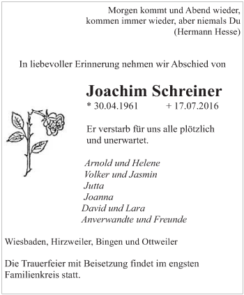 Todesanzeige von Joachim Schreiner von saarbruecker_zeitung