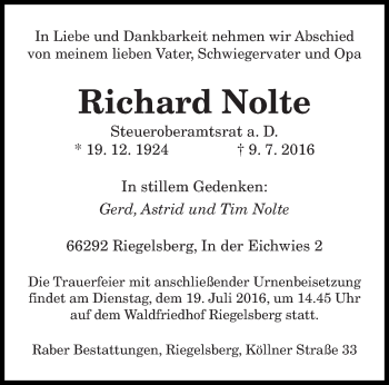 Todesanzeige von Richard Nolte von saarbruecker_zeitung