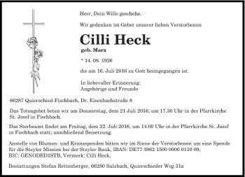Todesanzeige von Cilli Heck von saarbruecker_zeitung