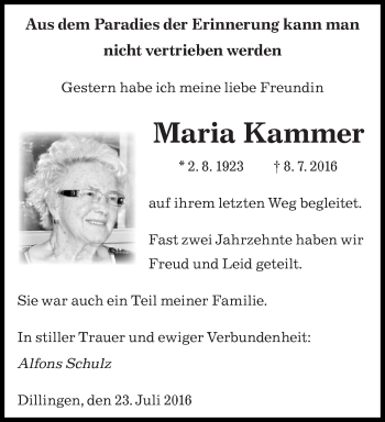Todesanzeige von Maria Kammer von saarbruecker_zeitung