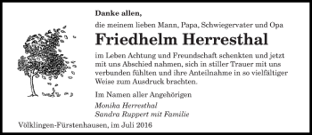 Todesanzeige von Friedhelm Herresthal von saarbruecker_zeitung