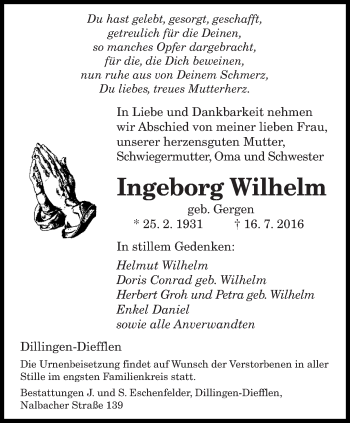 Todesanzeige von Ingeborg Wilhelm von saarbruecker_zeitung