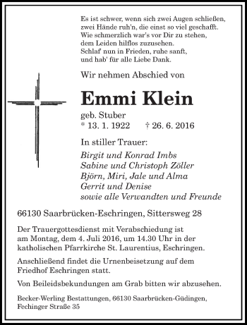 Todesanzeige von Emmi Klein von saarbruecker_zeitung