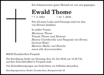 Todesanzeige von Ewald Thome von saarbruecker_zeitung