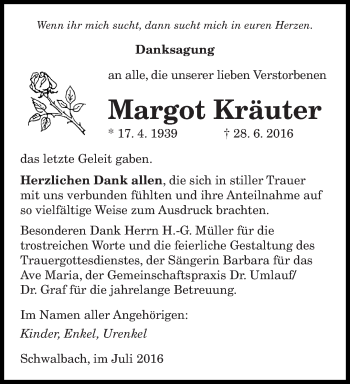 Todesanzeige von Margot Kräuter von saarbruecker_zeitung