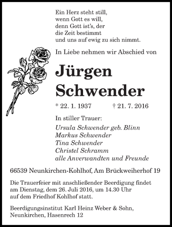 Todesanzeige von Jürgen Schwender von saarbruecker_zeitung