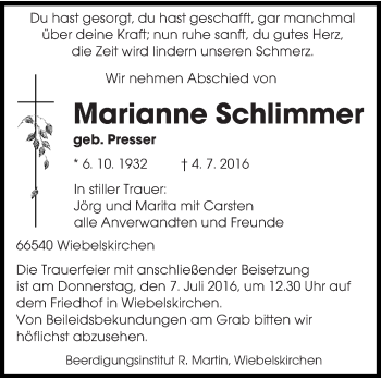 Todesanzeige von Marianne Schlimmer von saarbruecker_zeitung