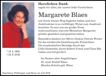 Todesanzeige von Margarete Blaes von saarbruecker_zeitung