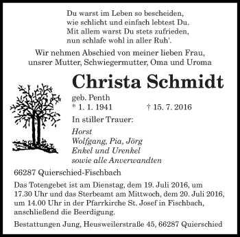 Todesanzeige von Christa Schmidt von saarbruecker_zeitung