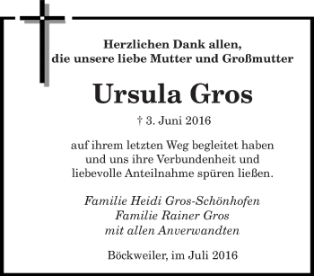 Todesanzeige von Ursula Gros von saarbruecker_zeitung