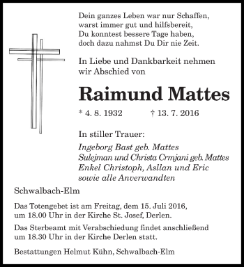 Todesanzeige von Raimund Mattes von saarbruecker_zeitung