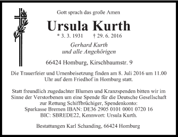 Todesanzeige von Ursula Kurth von saarbruecker_zeitung