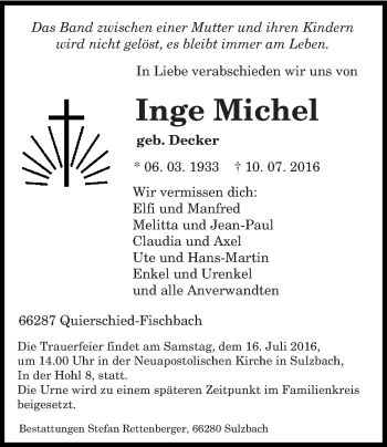 Todesanzeige von Inge Michel von saarbruecker_zeitung
