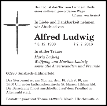 Todesanzeige von Alfred Ludwig von saarbruecker_zeitung