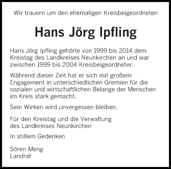 Todesanzeige von Hans Jörg Ipfling von saarbruecker_zeitung