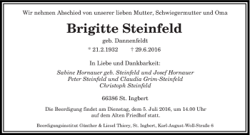 Todesanzeige von Brigitte Steinfeld von saarbruecker_zeitung