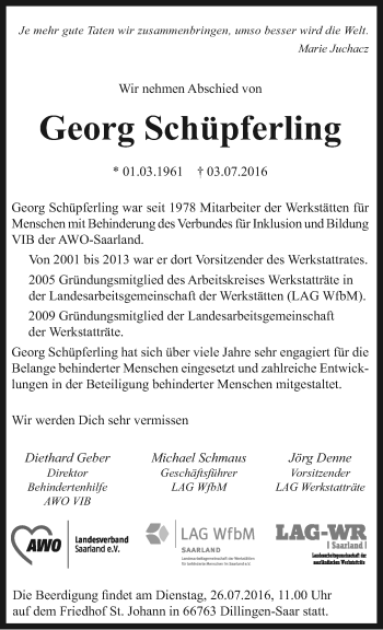 Todesanzeige von Georg Schüpferling von saarbruecker_zeitung