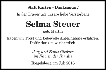 Todesanzeige von Selma Steuer von saarbruecker_zeitung