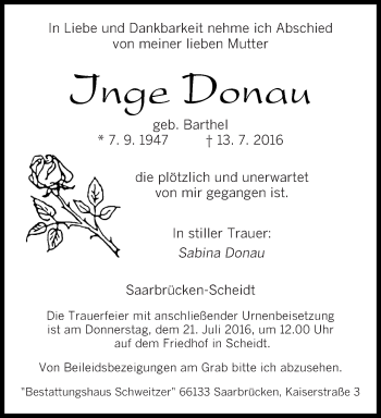 Todesanzeige von Inge Donau von saarbruecker_zeitung