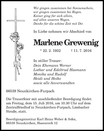 Todesanzeige von Marlene Grewenig von saarbruecker_zeitung