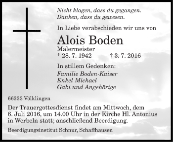 Todesanzeige von Alois Boden von saarbruecker_zeitung