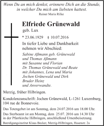 Todesanzeige von Elfriede Grünewald von saarbruecker_zeitung
