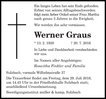 Todesanzeige von Werner Graus von saarbruecker_zeitung