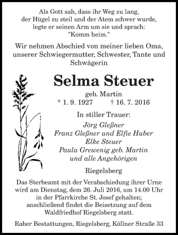 Todesanzeige von Selma Steuer von saarbruecker_zeitung