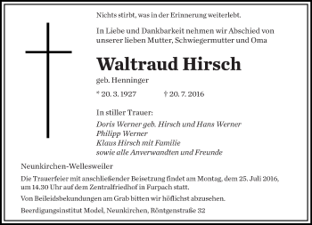 Todesanzeige von Waltraud Hirsch von saarbruecker_zeitung