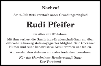 Todesanzeige von Rudi Pfeifer von saarbruecker_zeitung