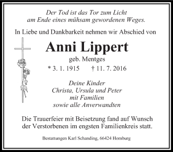 Todesanzeige von Anni Lippert von saarbruecker_zeitung