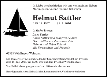 Todesanzeige von Helmut Sattler von saarbruecker_zeitung