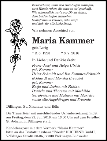 Todesanzeige von Maria Kammer von saarbruecker_zeitung