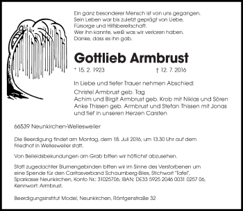 Todesanzeige von Gottlieb Armbrust von saarbruecker_zeitung