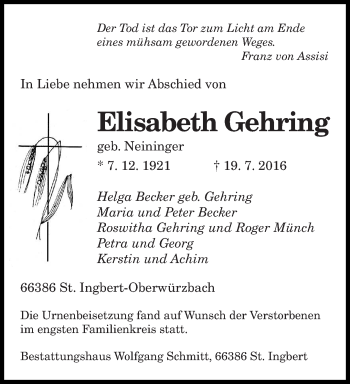 Todesanzeige von Elisabeth Gehring von saarbruecker_zeitung