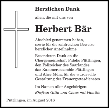Todesanzeige von Herbert Bär von saarbruecker_zeitung