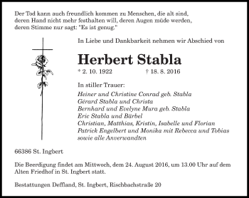 Todesanzeige von Herbert Stabla von saarbruecker_zeitung